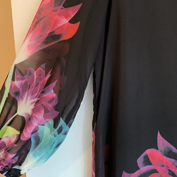 DJT Women's Floral Pattern 3/4 Sleeve Loose Fit Chiffon Tunic Dress - Picture 2 of 3